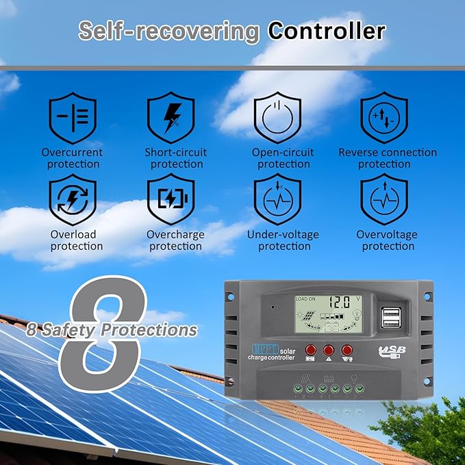 60A MPPT Solar Charge Controller 12V/24V Auto Tracking Solar Panel Regulator with Dual USB Port LCD Display and 3 Timer Settings Suitable for Lead-Acid/Lithium-Ion/Lithium Iron Phosphate Battery Grey