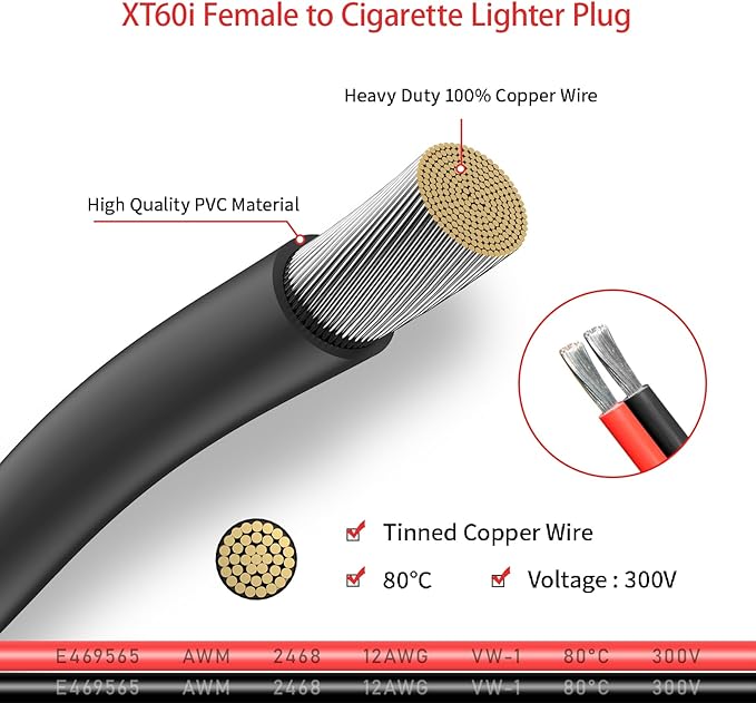 ELFCULB XT60i to Car Cigarette Lighter Plug 12AWG XT60i Female to 12V Car Cigarette Lighter Male Connector Cable for Solar Generator Portable Power Station(10FT)
