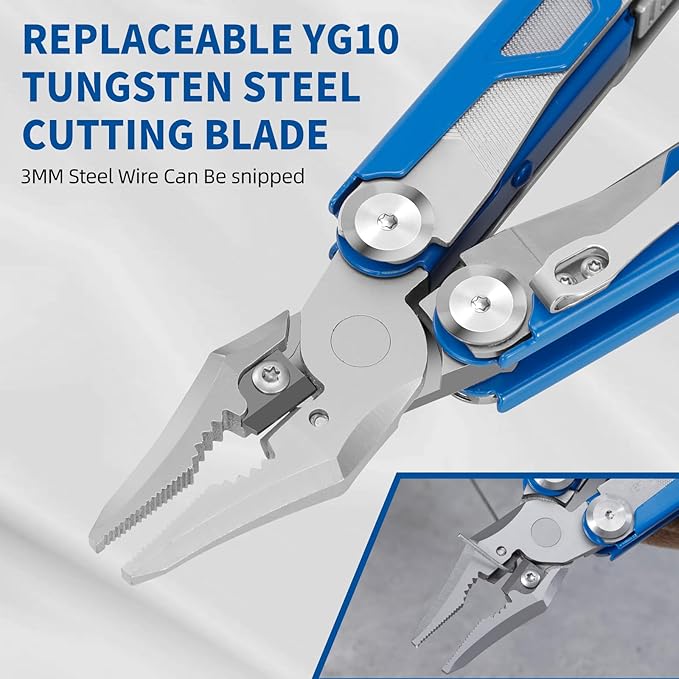 HANSHI 15 in 1 Multitool Pliers with Scissors Upgraded Heavy Duty Stainless Steel Multi Tool with YG10 Tungsten Steel Replaceable Wire Cutters for Survival Camping HikingRepair and Gift (Blue)