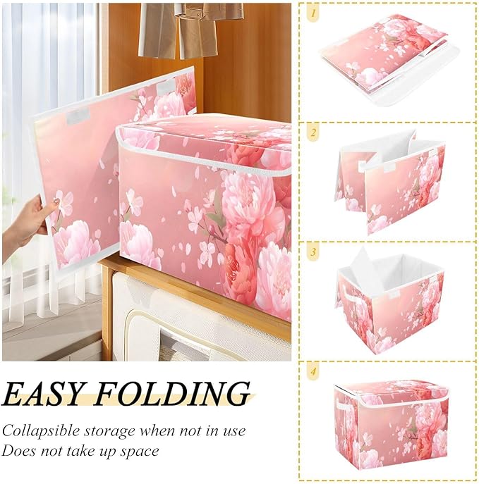 MNSRUU Containers Baskets with Lids Pink Flowers Foldable Storage Bins Organizer with Lid Collapsible Storage Boxes for Home Bedroom Closet Office
