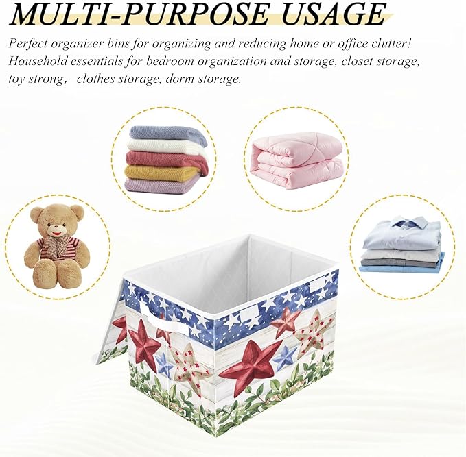 senya July Fourth Baskets Collapsible Storage Bins with Lids American Flag Stars Storage Boxes Clothes Baskets for Organizing B06D22020