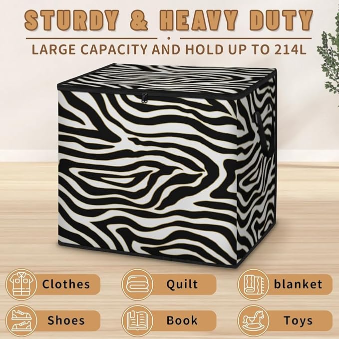 Large Zebra Storage Bags with Lid XL Blanket Clothes Storage Bins Foldable Organizers Storage Containers with Handle for Comforters Bed Sheets Pillows Zebra Print