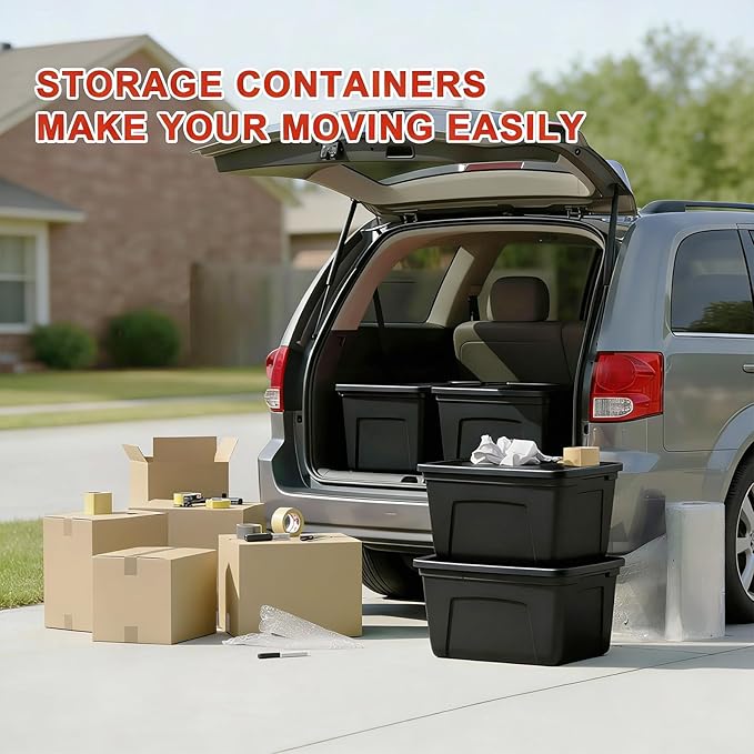 Storage Bins with Lids - Made in USA 18-Gallon (72-Quart) 4PC Black Storage Totes with Lids Heavy Duty Plastic Stackable Containers Large Storage Boxes for Home and Office Organization