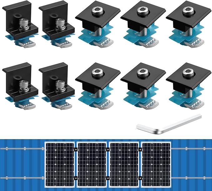 Anbte 10 PCS Solar Panel Mounting Brackets for Unistrut Aluminium 35mm 6 x T-Shaped Mid Clamps + 4 x End Clamps Solar Panel Mounting Kit for Metal Tin Flat Sheet Roofs RV Black