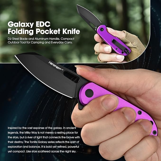 TONIFE Galaxy Mini Folding Knife with D2 Steel Blade and Aluminum Handle EDC Pocket Tool for Camping Hiking and Survival (Purple)