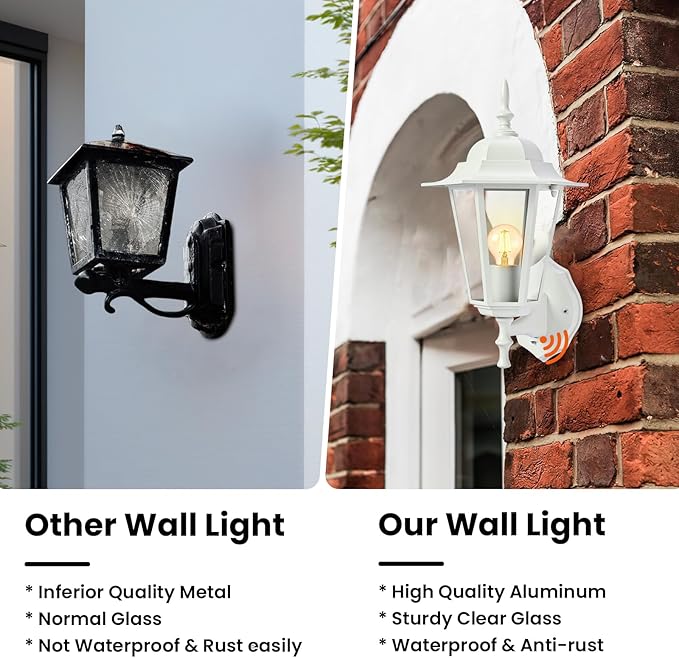 Dusk to Dawn Outdoor Wall Light 14.38 White Exterior Garage Lighting Fixtures Outdoor Porch Light Wall Mount Modern Outside Wall Lantern Sconce Sensor Dusk Dawn Light for House 1 Pack E26 Base