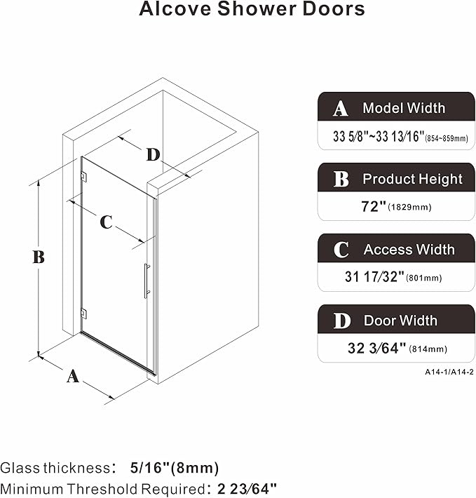 33.6-33.8 x 72 Frameless Hinged Shower Door Single Swing Shower Panel with 5/16” (8mm) Tempered Glass 180° in &amp Out Opening 5mm Adjustable for Non-Vertical Walls (Brushed Nickel 33.8 x 72)