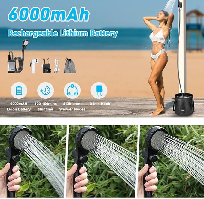 Portable Shower for Camping 6000mAh Rechargeable Camping Shower with Intelligent Digital Display 3 Spray Modes Outdoor Camp Pump Camping Shower Pump for Hiking Travel Car Pet Grey6000mAh