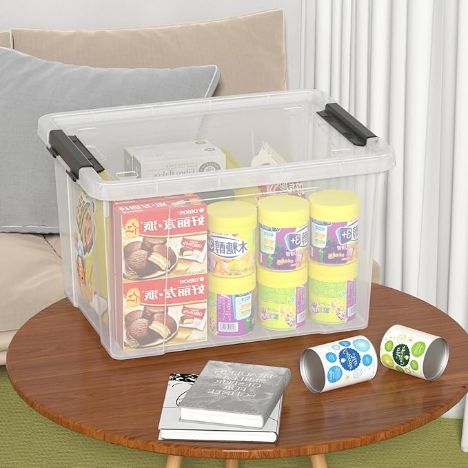 4-Pack 32 L Plastic Storage Box with Lid Stackable Latch Storage Bin with Wheels Clear