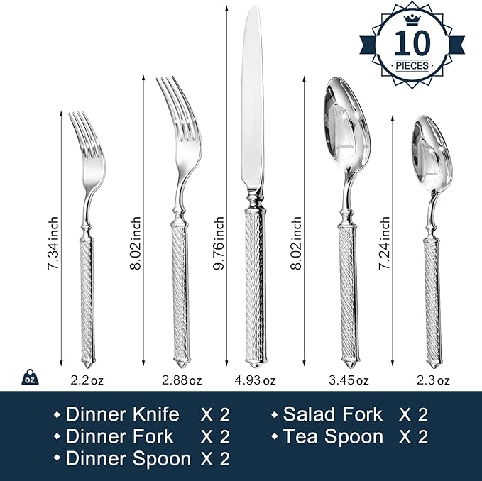 KINGSTONE Retro Rope-Pattern Silverware Set 10-Piece Flatware Set Cutlery Set Forged with Handcrafted Texture Handles 18/10 Stainless Steel Dishwasher Safe