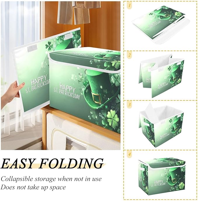 Christmas Storage Baskets with Lids St. Patrick's Day Hat Collapsible Bins Stackable Fabric Linen Baskets Closet Organizer Container 16.5x12.6x11.8