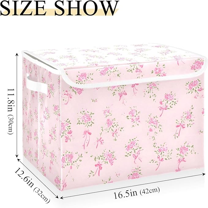 ALAZA Pink Small Floral Storage Bins Organizer Box Baskets Lidded Clothes for Shelves Closet Collapsible Stackable Storage Cubes Handles