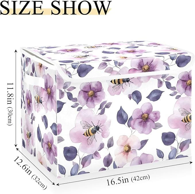 Bees Floral Storage Cube Bins Basket with Lid Collapsible Flip-top Fabric with Handle for Home Bedroom Closet Office 16.5×12.6×11.8 in
