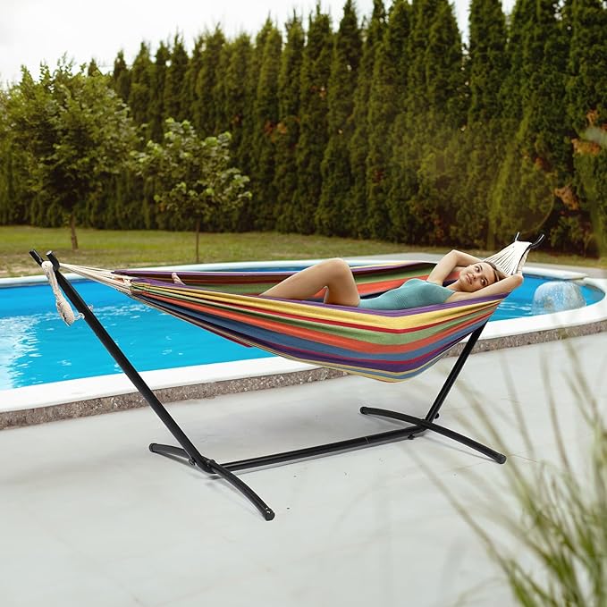 ONCLOUD 550 LBS Capacity Double Hammock with Stand Included with Portable Carrying Bag Heavy Duty 2-Person Hammock for Outdoors &amp Indoors - Desert Stripe Series TDCTZ1 - Rainbow Stripe