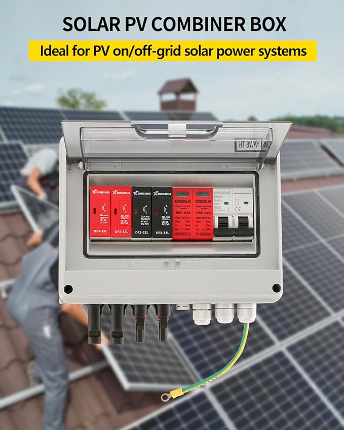 VOU 600V Solar DC PV Combiner Box2 String with Lightning Arrester Connector for On/Off Grid Solar Panel System2 Input 1 Out 15A Rated Current Fuse63A Circuit BreakerIP65 WaterproofMCBSPD