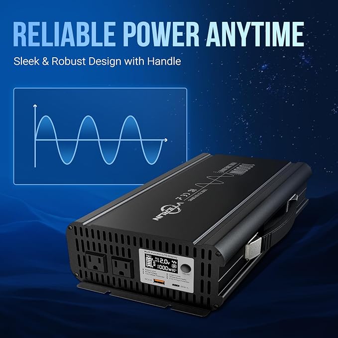 1000W Pure Sine Wave Inverter 12V DC to 110-120V AC Efficient Energy Converter for Home RV Use with Wireless Remote Control with USB C Ports
