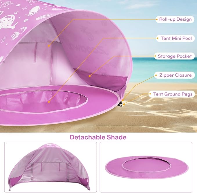 Zooawa Baby Beach Tent Pop Up Beach Tent Sun Shade for Beach Portable Shade Pool UV Protection Sun Shelter for Infant with Beach Sand Toys Set