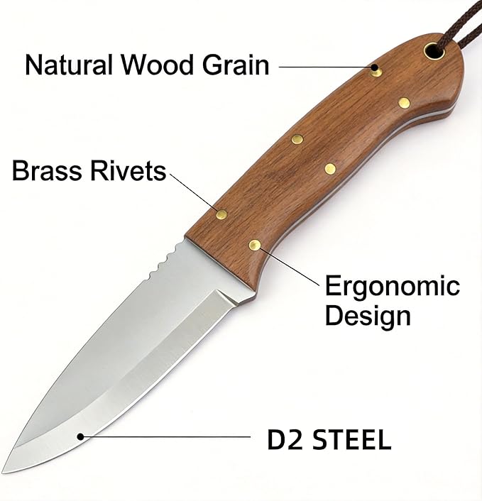 3.74 inches Bowie Knife Full-tang D2 Steel Fixed Blade Walnut Handle Hunting Knife with Leather for Camping Hiking Survival