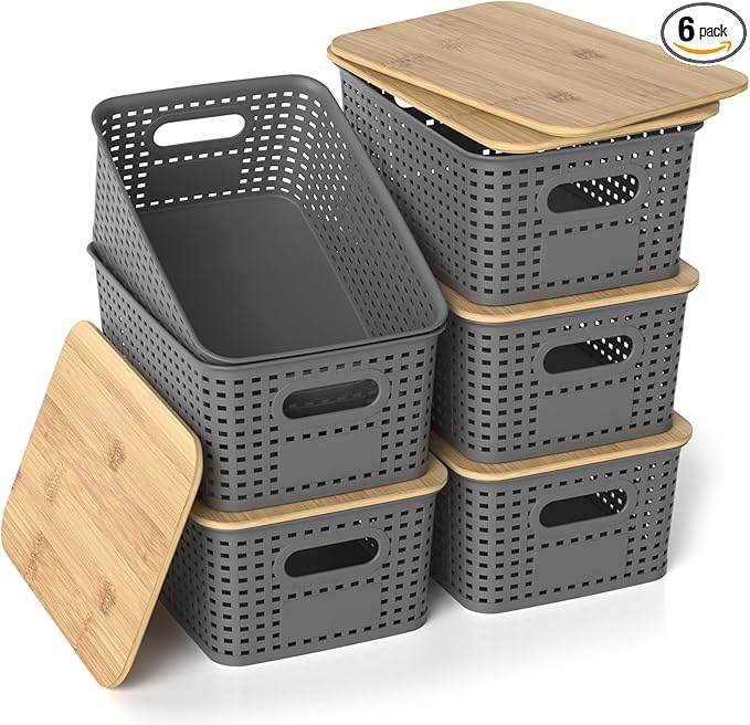 Plastic Storage Baskets with Bamboo Lids Stackable Small Box Bins for Organizing and Containers for Shelves Drawers Desktop Closet Pantry Classroom Office Home 6 Pack 10.2x7.2x4.1 Inch Gray