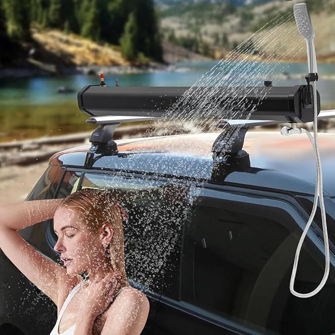 Portable Camping Car Shower4.76/5.28/7.93 Gallon Pressurized Water TankMax. 60°Cwith Car Wash NozzleRoof Installationfor TrucksOff Road VehiclesRvSUV18L