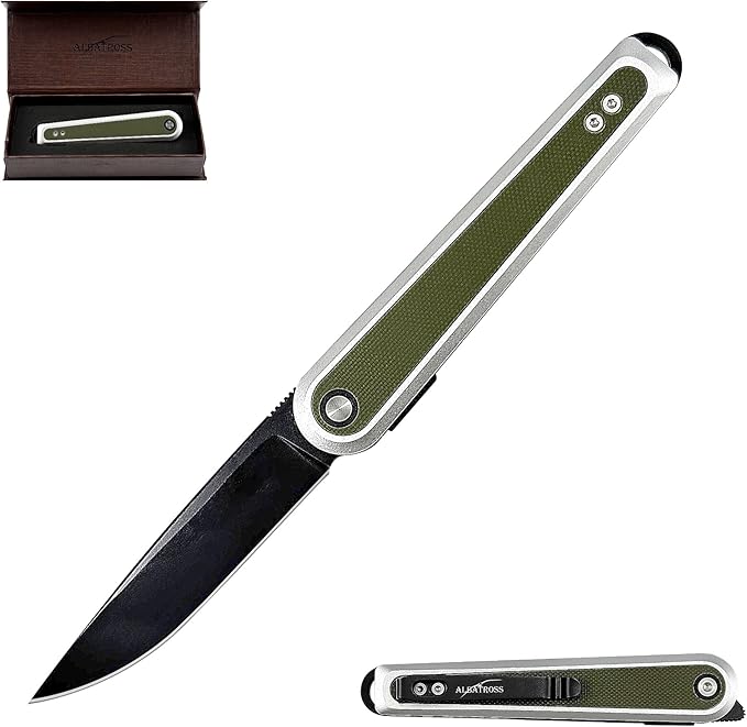 ALBATROSS Urban Utility Gear Folding Knife 3.3” Black D2 Blade Green Aluminum &amp G10 Reversible Clip Ultra-Light Gifts for Father's Day Mother's Day Birthday