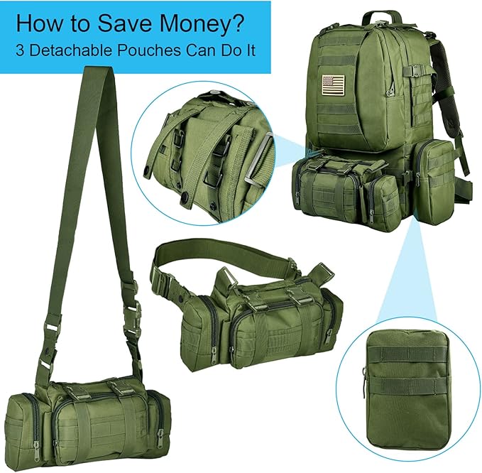 CVLIFE Tactical Backpack Military Army Rucksack 60L Large Assault Pack Detachable Molle Bag Army Green
