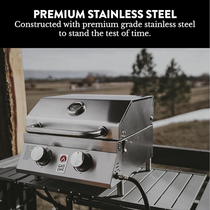 GasOne Portable Propane Grill – 16-inch Stainless Steel Tabletop Grill – Tabletop Gas Grill with Heat Control and Built-In Thermometer – Large Cooking Area – Ideal for Outdoor Camping Travel RV