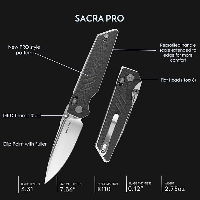 REALSTEEL SACRA Pro Pocket KnifeFolding KnifeCrossbar Lock3.31 Böhler K110 Steel BladeGlow-in-the-dark Thumb Stud Nail NickG10 Handle2.75ozClipEDC Outdoor IndoorGifts for Men Women Camping H