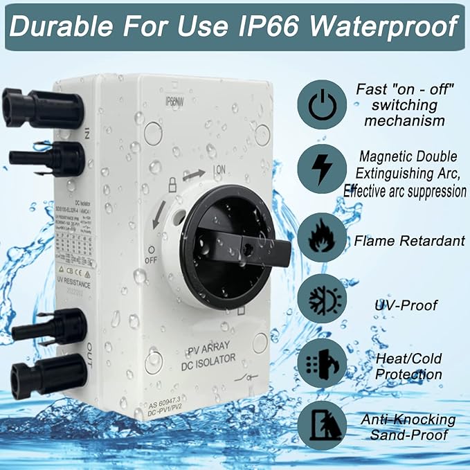 IP66 Solar PV DC Quick Disconnect Switch 64 Amp 1000V Solar Combiner Box PV Solar Panel Disconnect Switch with Solar Connector for Solar Power System Off/On-Grid Solar System RV and Boats