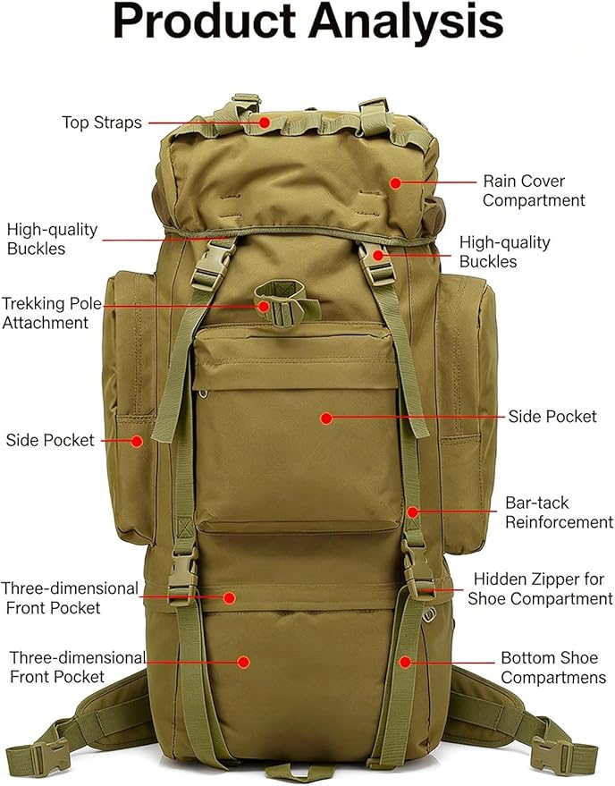 LINGYUE 65L Waterproof Tactical Backpack Large Hiking Camping Bagpack With Rain Cover For Outdoor Trekking Travel(D)