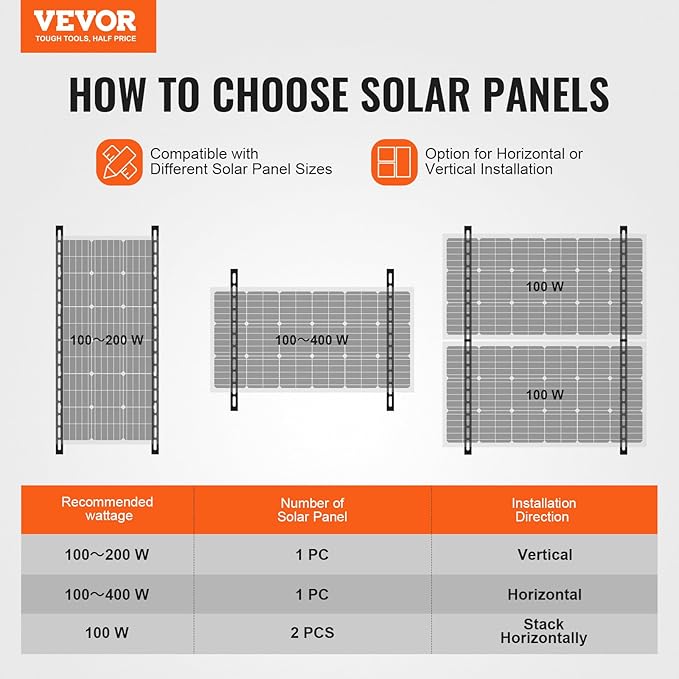 VEVOR 2 Sets Solar Panel Mounting Brackets - 45-Inch 0 to 90 Adjustable Tilt Mounts Support 100-400W Solar Panels Lightweight Aluminum Brackets with Folding Tilt Legs for RV Boat Off-Grid