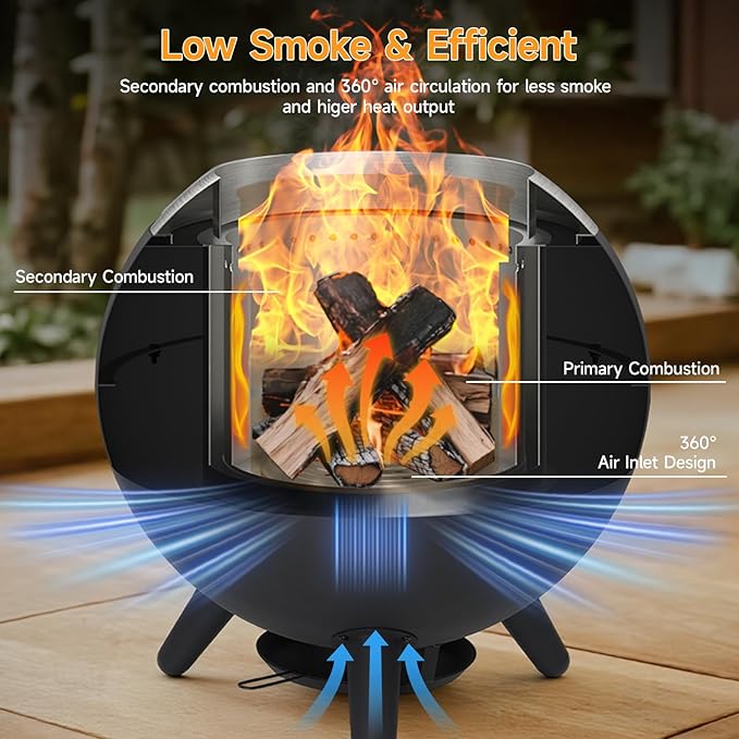 26 Inch Smokeless Firepit Outdoor Smokeless Fire Pit with Grill Waterproof Lid and Bag 2 in 1 Fire Pits for Outside Wood Burning Stainless Steel Potable Fire Pit for Bonfire Camping Picnic