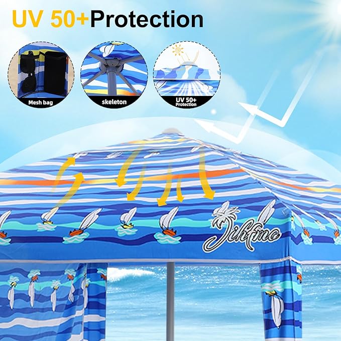 Jihfmo Beach Cabana 6.2'×6.2' Beach Canopy with Side Wall UPF 50+ UV Protection Easy Setup Tent Sun Shelter with Sand Pockets for Whole Family(Summer Sailboat)