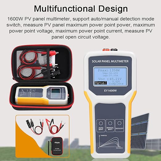Solar DC/AC Power Meter Solar Panel Tester 1600W Photovoltaic Panel Multimeter MPPT Open Circuit Voltage Test Device Maximum Power Point Voltage Current Power Test Meter LCD Display with Backl