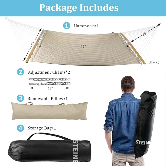 Double Hammock 11 FT Quilted Fabric 2 Person Hammock for Outside with Pillow Folding Curved Spreader Bar Chains Carrying Bag Indoor Outdoor 450 IB Capacity BlueLeaves