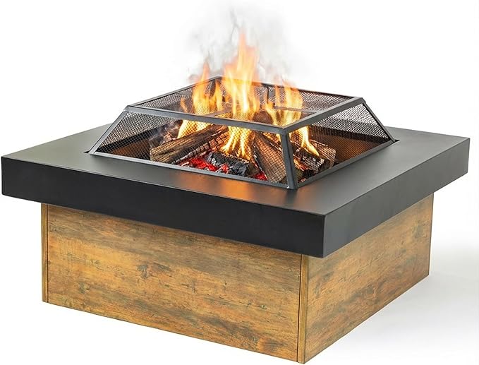 WILDMOS 36 Firepits for OutsideWood Burning Fire Pit with Wood-Grain Side PanelsFirepit for Outside with Mesh Cover &amp Fire PokerSquare Modern Outdoor Fireplace Fire Table.