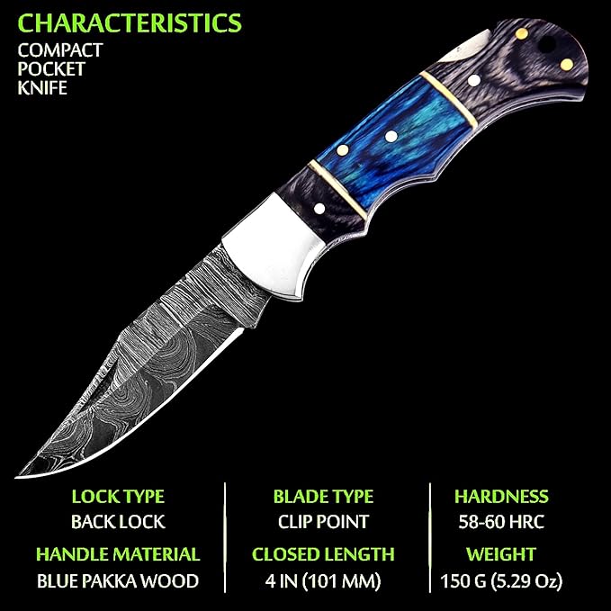 Pocket Knife 2.92 Drop Point Damascus Steel Blade Folding Knife with Blue &amp Black Wood Handle Back Lock EDC Knives with for Men Women GK-751 (Black &amp Blue)