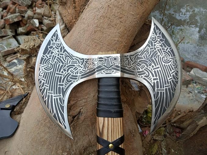 Hand-Forged Double Headed Viking Axe – 27 Odin's Carbon Steel Battle Hatchet with Leather Wrapped Wood Handle – Norse Style Throwing Axe for Camping Collecting Survival Gear or Gifts.