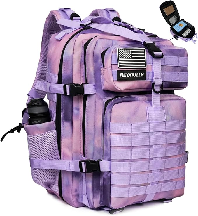 45L Military Tactical Backpack for Men &amp Women Bug Out Bag Assault pack Molle Daypack Hiking Trekking Rucksack (2.0 side pockets (cloud purple))