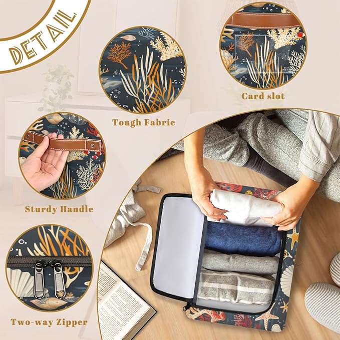 Sea Ocean Storage Box with Lid Seashell Collapsible Storage Bins Baskets Cubes Closet Shelf Clothes Organizer Containers with PU Leather Handles