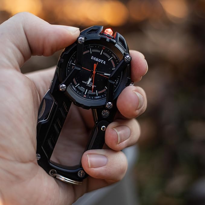 Multitool Clip Watch for Men – Black | 100ft Water Resistant Clip-On Watch with LED Light Bottle Opener Screwdriver &amp Carabiner – Outdoor Work Camping Hiking Tool