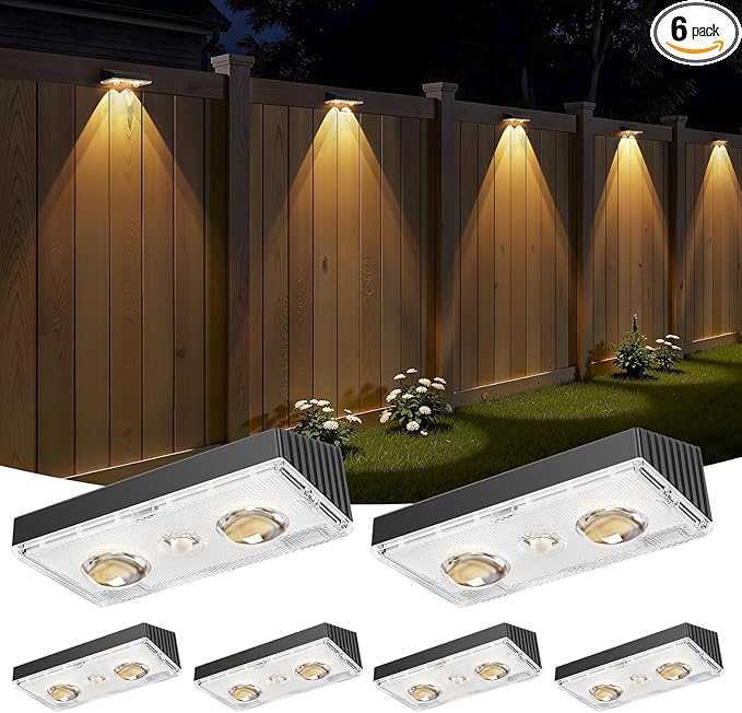 Bridika Solar Fence Lights Outdoor Waterproof 6 Pack Solar Powered Deck Lights for Backyard Wall Patio &amp Garden - 8 Color Changing Modes Bright LED with Lens Dusk to Dawn Black