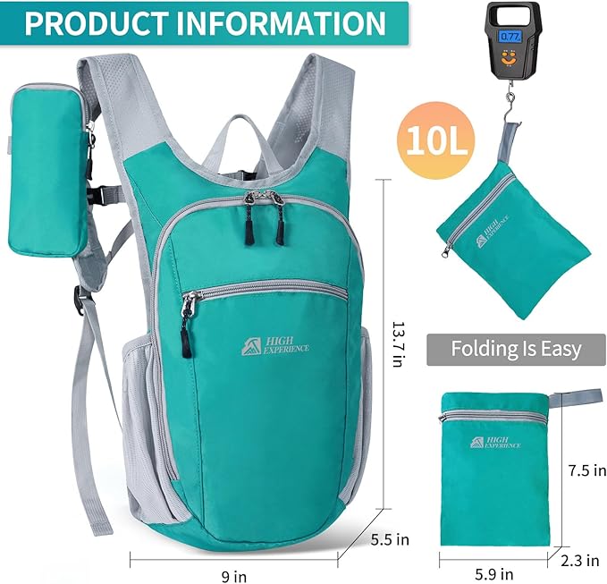 Hiking Backpack 10L/15L Small Daypack Lightweight Packable Travel Foldable Water Resistan for Women Men (Lake Green 10L)