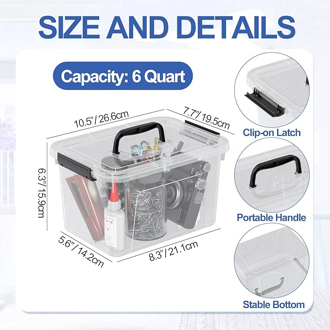 6 L Lidded Storage Bins Clear Plastic Box with Handle 4 Pack