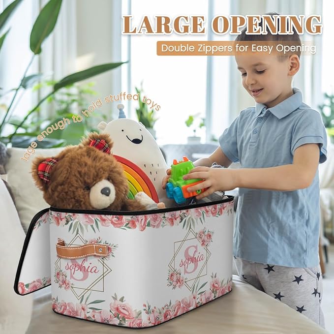 Custom Initials Storage Bins with Lid Foldable Personalized Storage Basket Boxes with Handle Pink Flower Shelf Basket Closet Organizer Cube