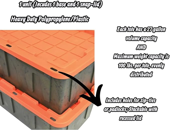 Heavy-Duty Storage Tote 27 Gallon Black and Orange 30.6 W x 20.6 D x 14.3 H (4 PACK)