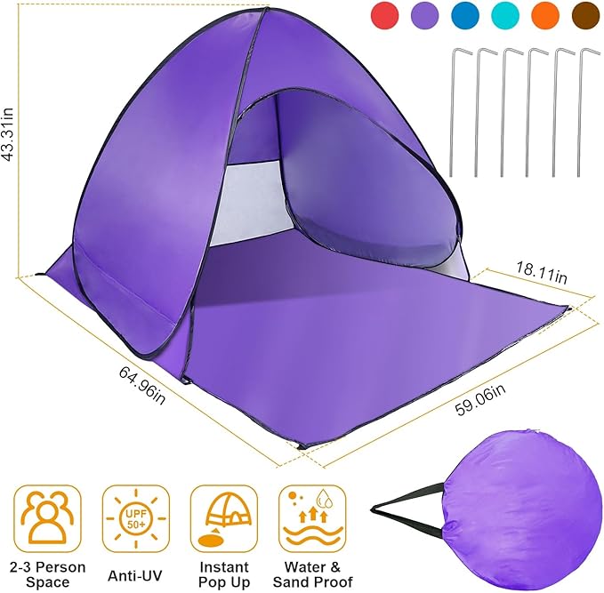 KOCASO Pop Up Beach Tent Sun Shade Shelter - UV Protection &amp Waterproof Sun Shade Shelter with Net Window and Storage Bag - Ideal for Beach Camping Fishing and Outdoor Activities Purple