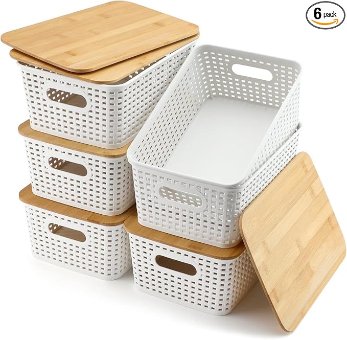 AREYZIN Storage Bins with Bamboo Lids Set of 6 Lidded Storage Container Plastic Baskets Organizer Bins for Organizing Bedroom Office Kithen Room