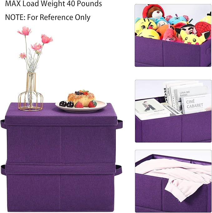 HOONEX Storage Bins with Lids for Organizing Pack of 2 Storage Boxes with 2 Carry Handles and Sturdy Heavy Cardboard 16.5 L x 11.8 W x 7.5 H for Shoes Books Clothes Nursery Dark Purple