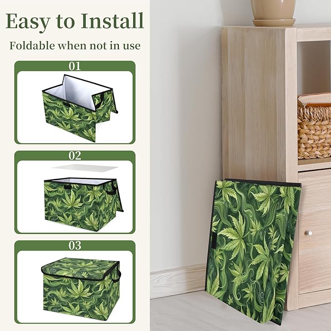 Leaf Storage Bins with Lids Green Leave Foldable Storage Boxes with Carrying Handle Organizer Containers Baskets Cube for Home Bedroom Closet